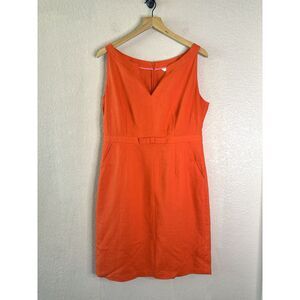 Boden Oriel Linen Sheath Dress Size 10 Bright Red /Orange V Neck Sleeveless Bow